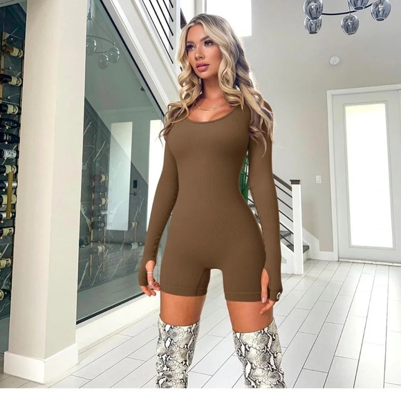 OQq Pants - 0QQ Women Yoga Rompers Ribbed Workout Long Sleeve Round Sz S
